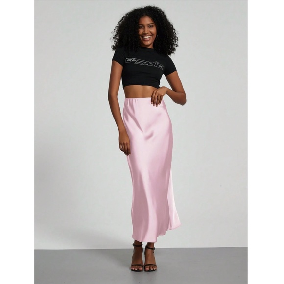 Pink Satin A-Line Skirt High Waisted Long - Picture 6 of 10